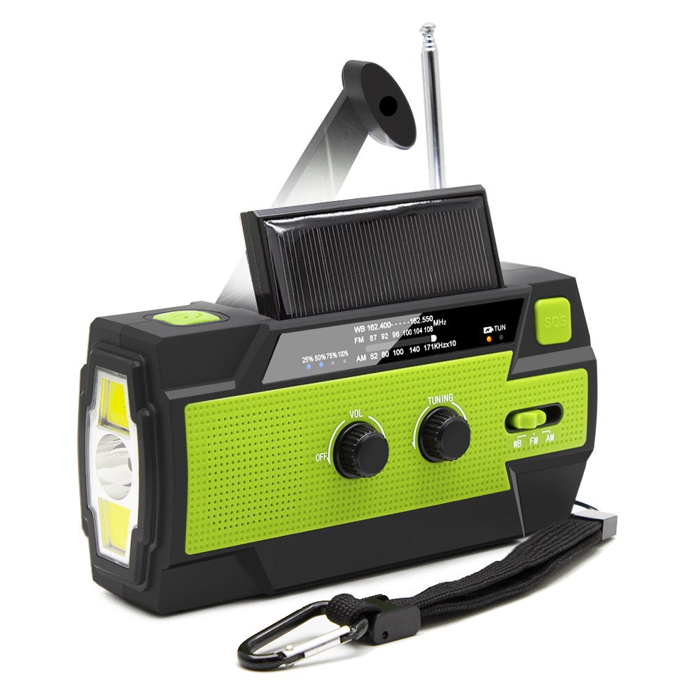 Transmisja awaryjna, transmisja pogody, bateria 4000 mAh z korbką ręczną i ładowaniem słonecznym, przenośna latarka LED, alarm SOS, AM/FM/NOAA