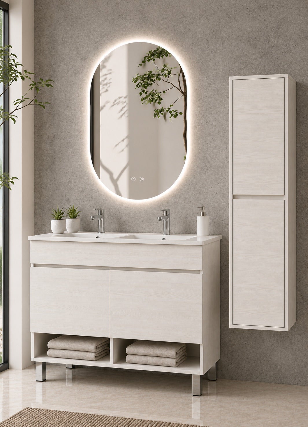 Szafka łazienkowa na nóżkach z umywalką ORIGENBATH NEBARI na nóżkach z drzwiami z kolumną 120x45 cm podwójna umywalka biały nordycki z kolumną