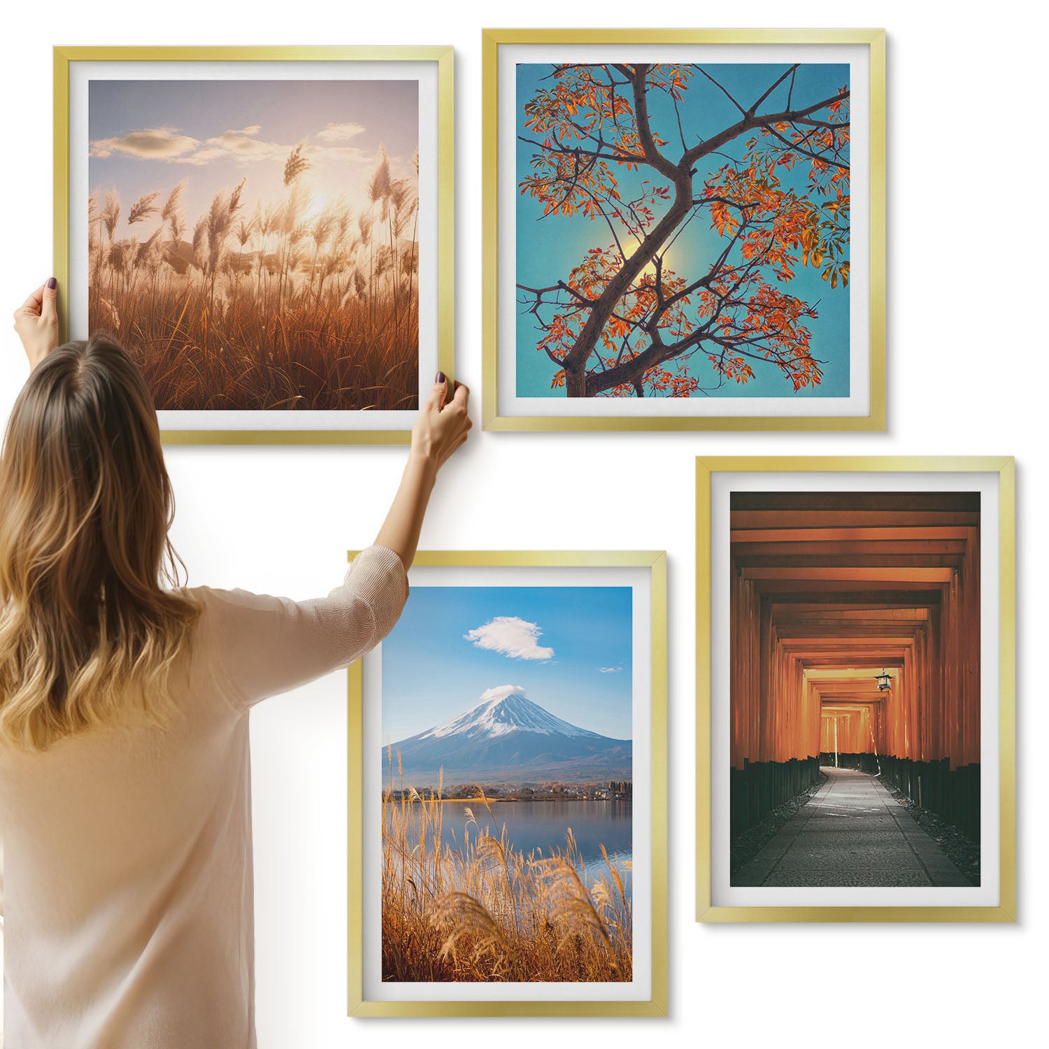 Galeria ścienna 4-częściowy komplet obrazów w złotych ramach - Japońskie krajobrazy natura i architektura Azji - ArtPrintCave