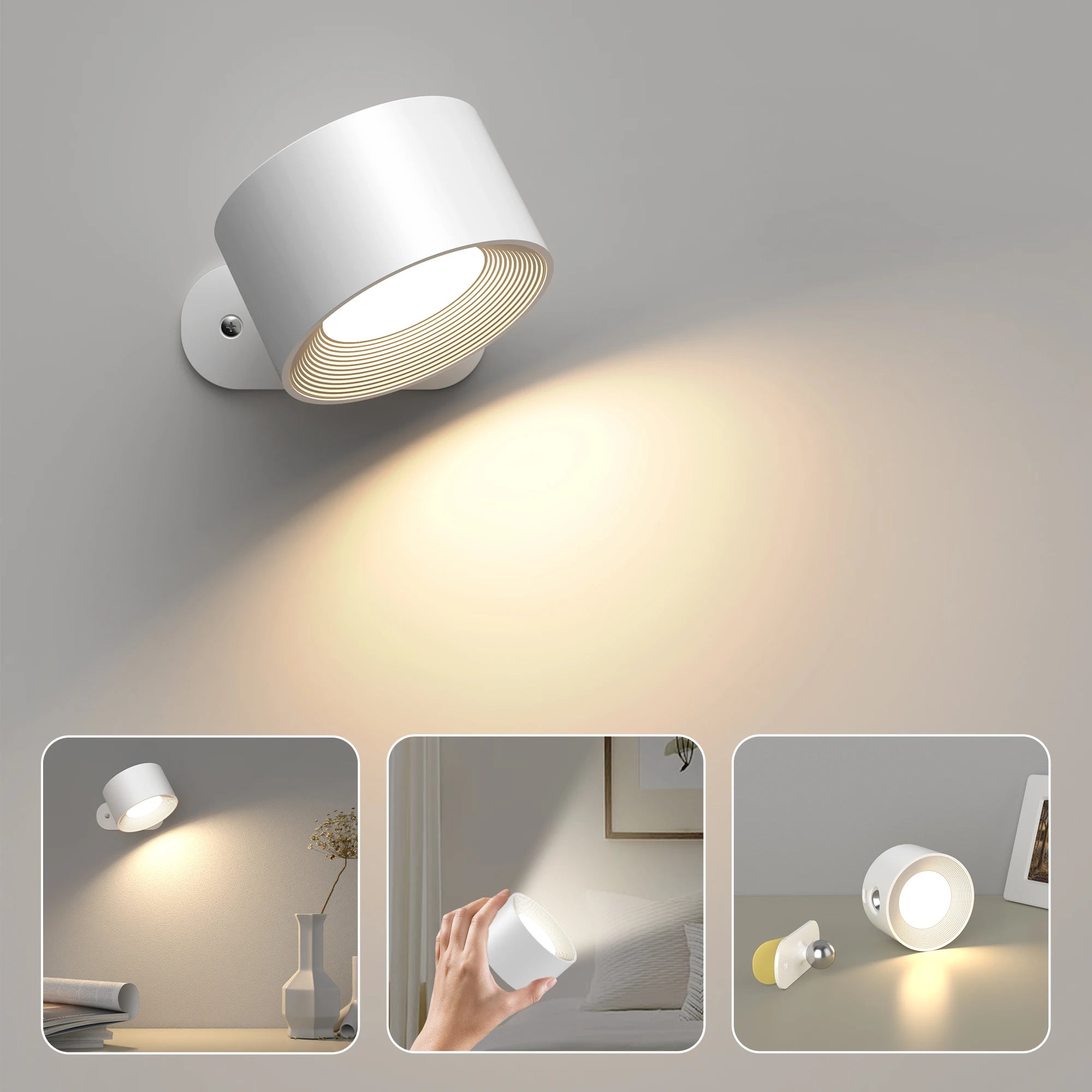 Obrotowa o 360° lampa ścienna LED, magnetyczna lampka nocna z 3 temperaturami barw, ściemniana lampka do czytania USB, biała