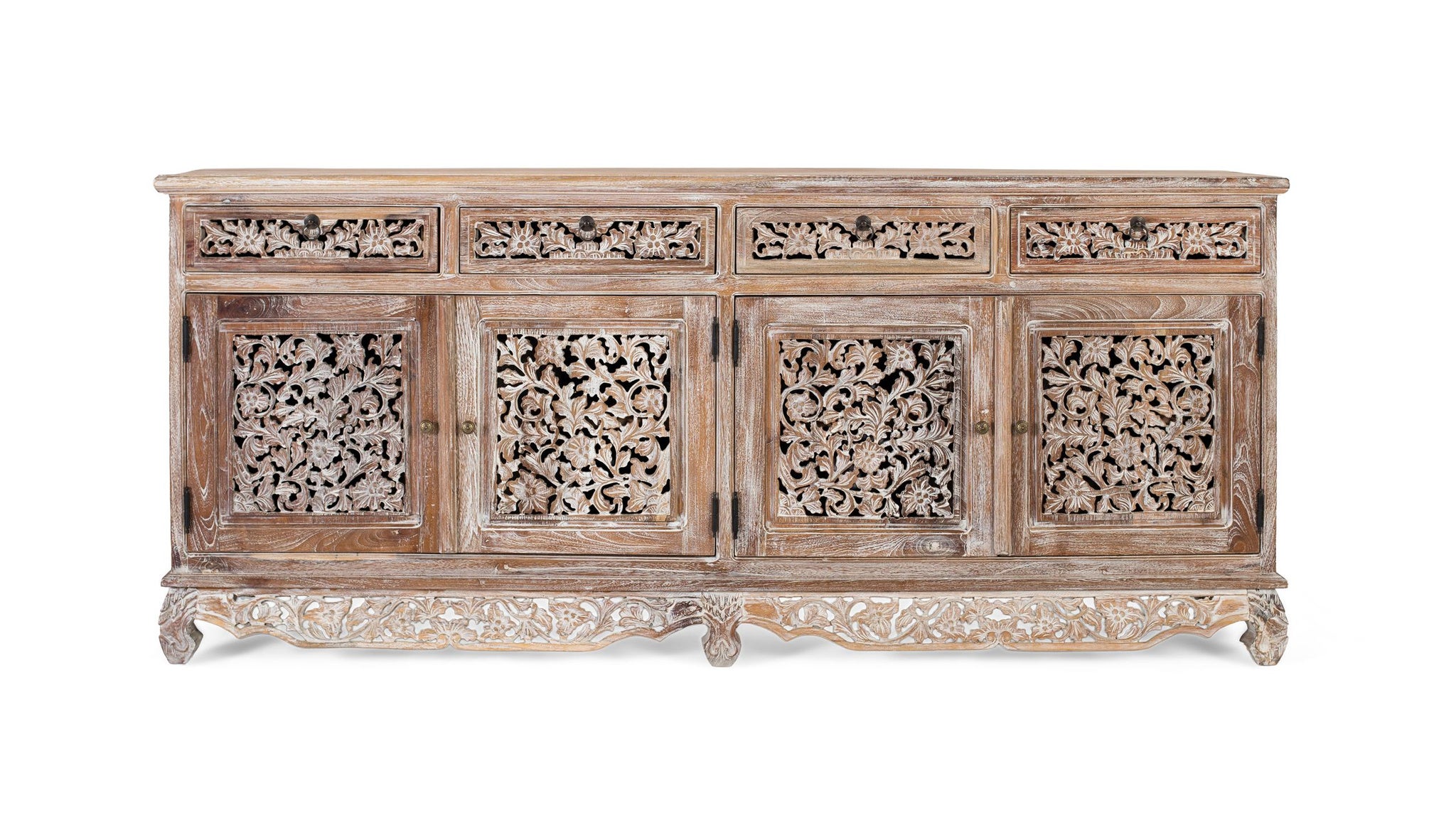 Kredens z drewna tekowego w stylu boho, rzeźbiony, 78x180x40 GYC