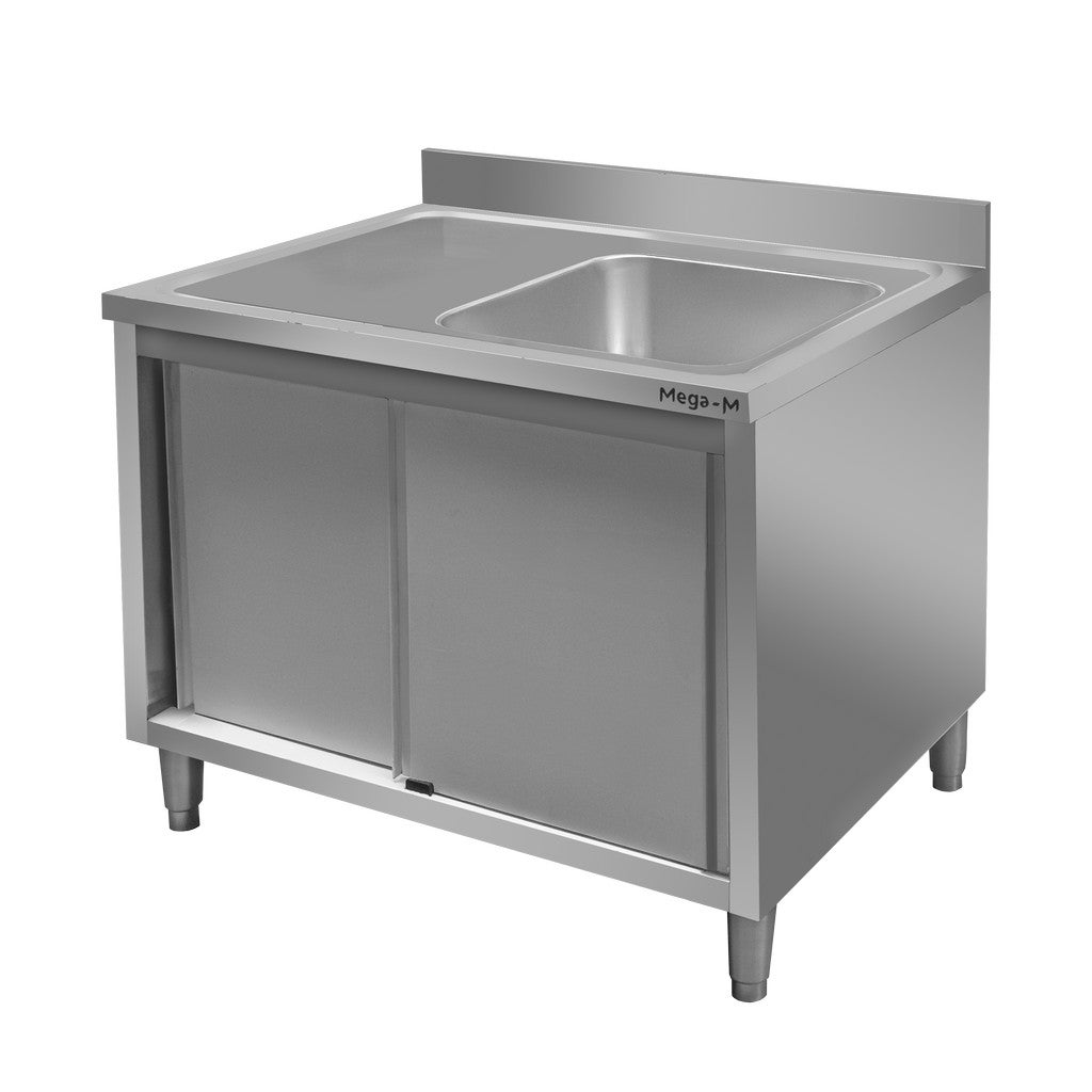 Stół gastronomiczny ze stali nierdzewnej Mega-M przyścienny ze zlewem po prawej stronie i z szafką 120x70x85 cm
