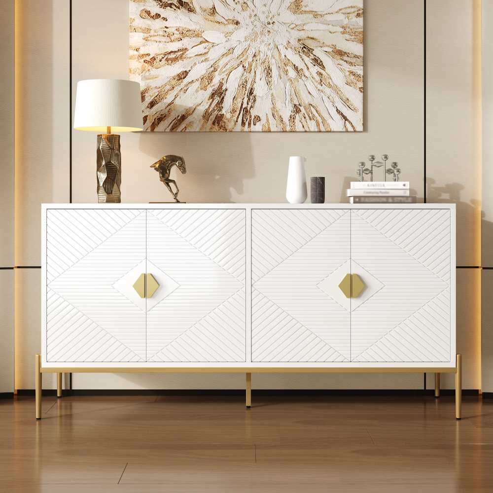 Nowoczesna komoda z 4 drzwiami 162x40x80cm z metalowymi nóżkami w kolorze złotym–komoda o geometrycznym designie i dużą przestrzenią do przechowywania