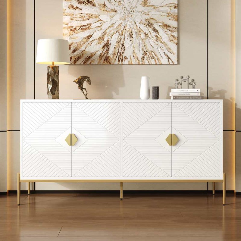 Nowoczesna komoda z 4 drzwiami 162x40x80cm z metalowymi nóżkami w kolorze złotym–komoda o geometrycznym designie i dużą przestrzenią do przechowywania