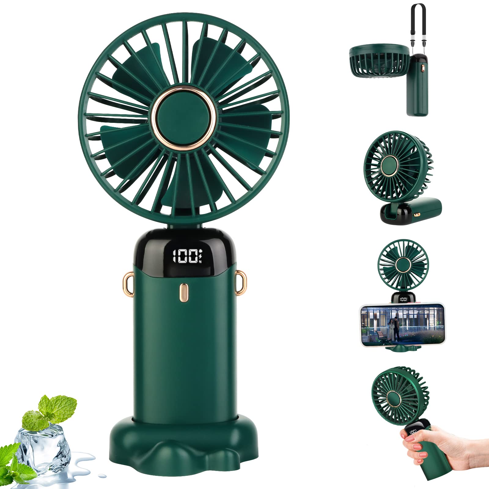 Przenośny wentylator, mini wentylator osobisty składany, 3000 mAh, ładowany przez USB, 5 prędkości, ze smyczą i wskaźnikiem zasilania LED