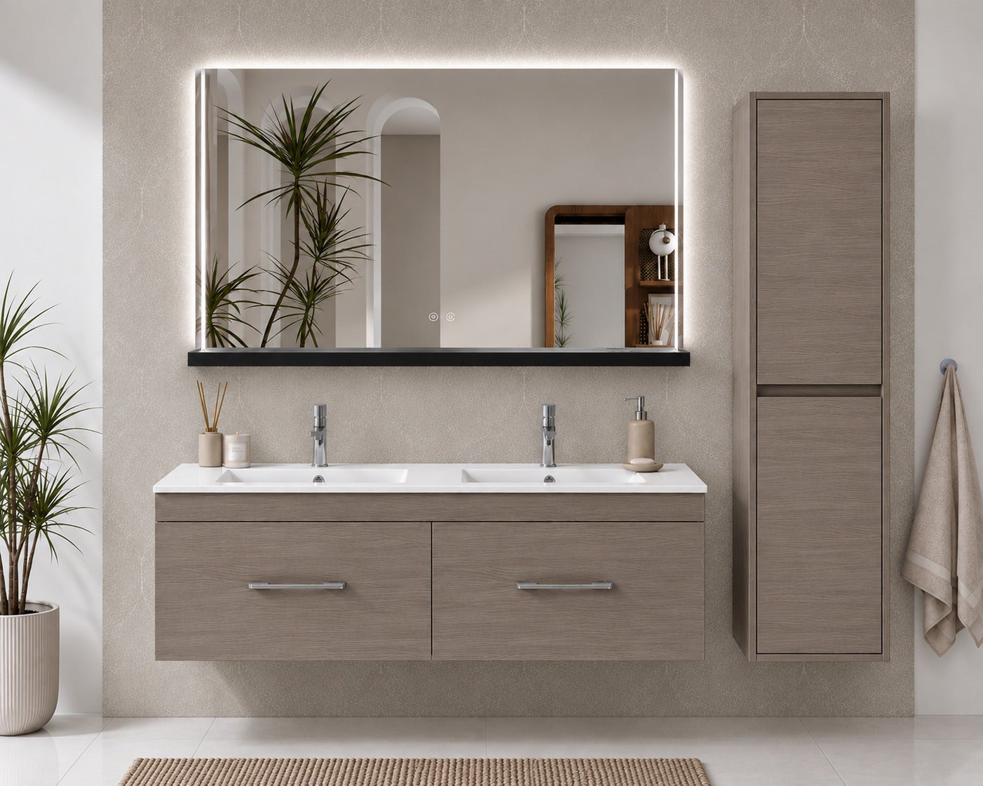 Szafka łazienkowa z umywalką ORIGENBATH FLORENCIA bez lustra 120x45 cm podwójna umywalka dąb smoky z kolumną