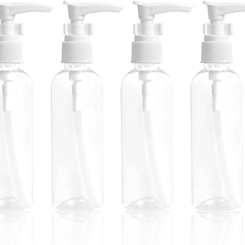 Zestaw 4 przezroczystych butelek z pompką o pojemności 100 ml – butelki podróżne, plastikowe, butelka z pompką, butelka z dozownikiem do balsamu