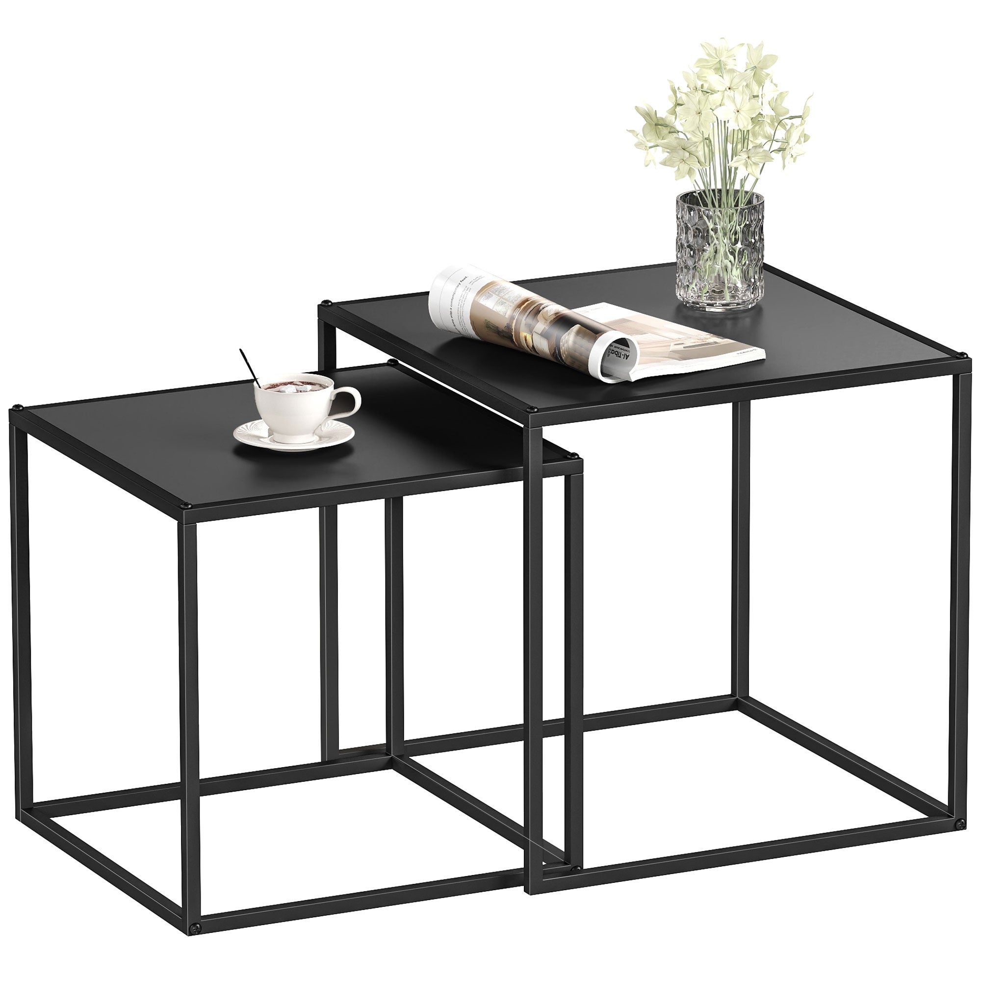 Zestaw 2 kwadratowych stolików kawowych wsuwanych w stylu industrialnym, matowy czarny metal - wymiary 40 i 35 cm