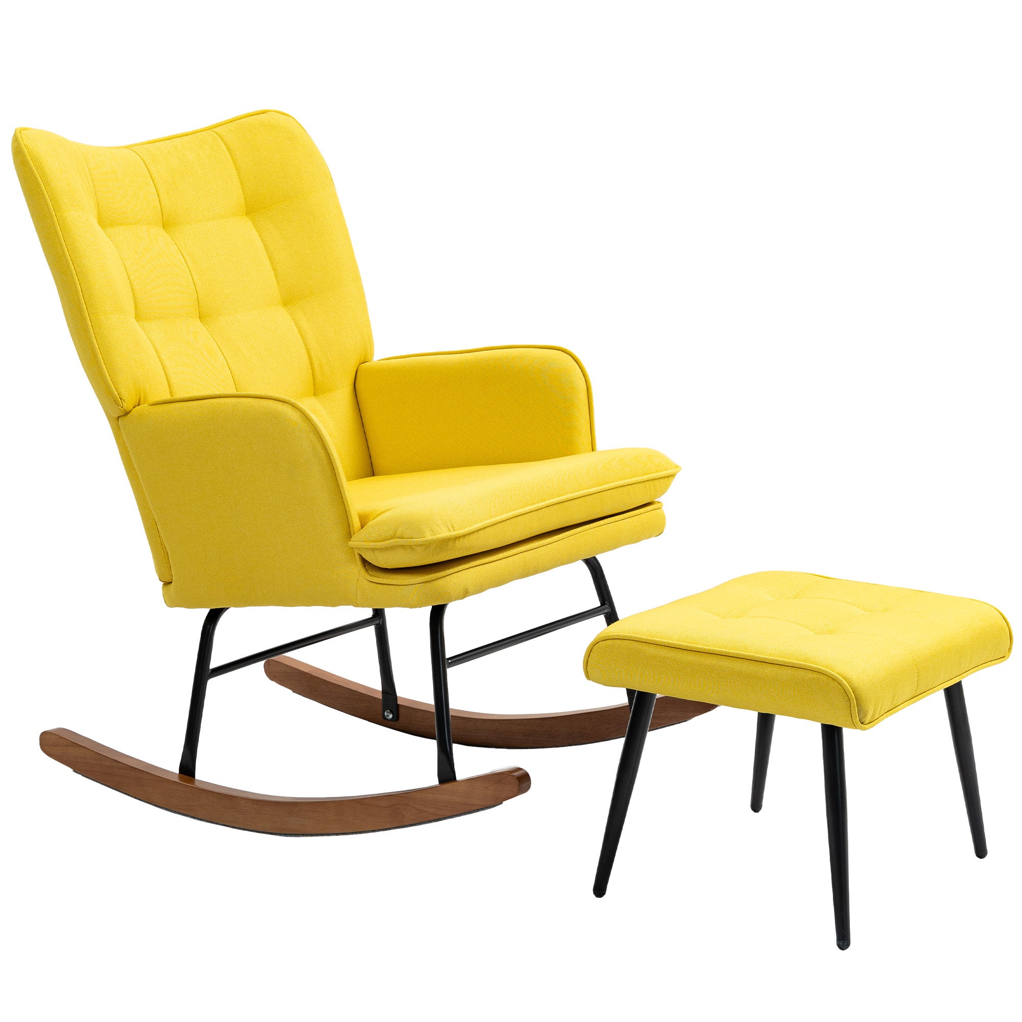 Fotel bujany z pufem, skandynawski design. Drewno bukowe. Pikowany. 64 cm x 89 cm x 90 cm. Żółty