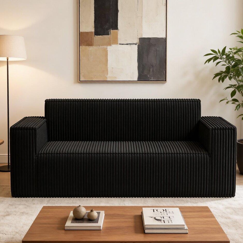 Dwuosobowa sofa z głębokim siedziskiem, aksamitny kotar, bez nóżek, nie wymaga montażu, łatwa do przenoszenia, czarna