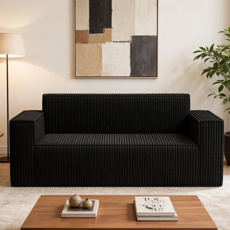Dwuosobowa sofa z głębokim siedziskiem, aksamitny kotar, bez nóżek, nie wymaga montażu, łatwa do przenoszenia, czarna