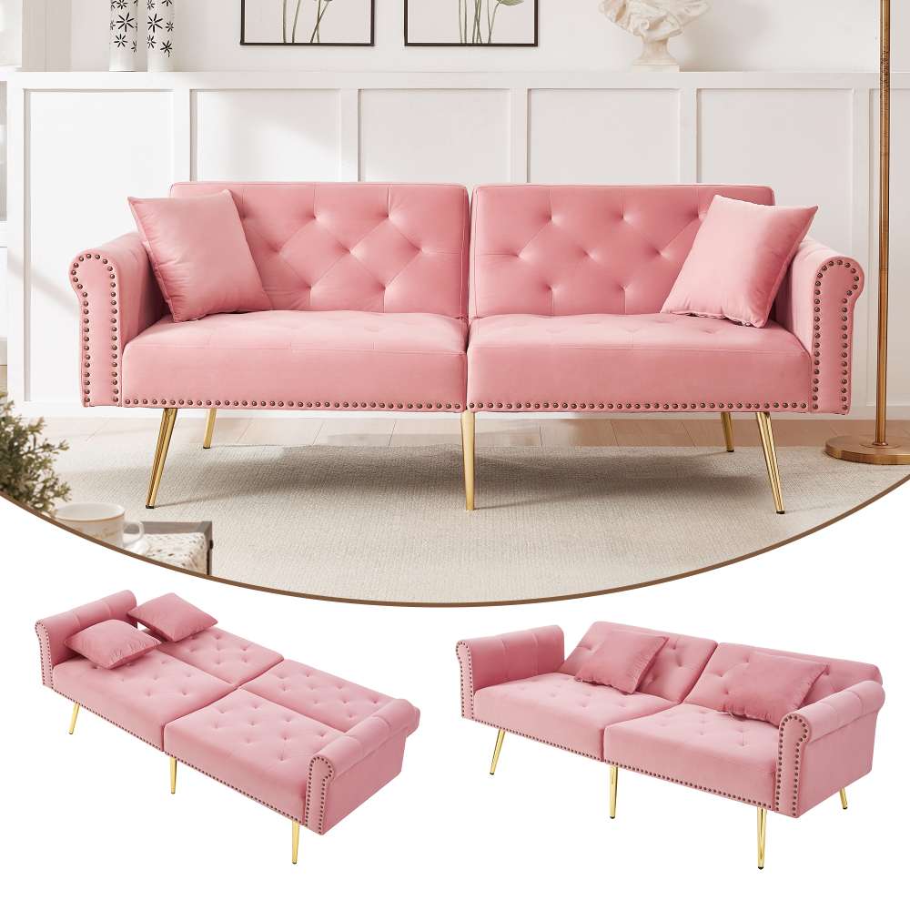 Nowoczesna sofa 2-osobowa z funkcją spania – aksamitna, oparcie regulowane w 3 pozycjach, złote metalowe nogi. Elegancka