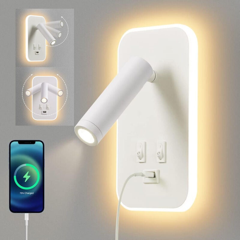 Lampa ścienna LED 3 w 1 – lampka nocna z portem USB – regulowane oświetlenie nastrojowe – biała