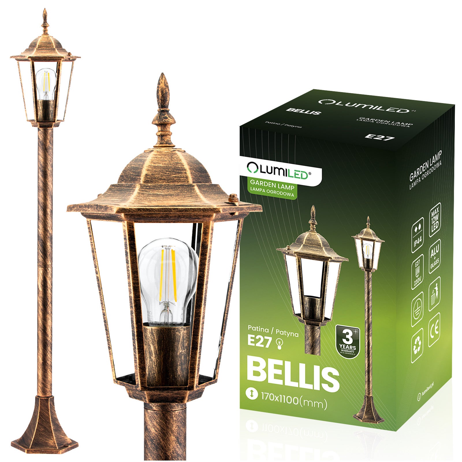 Lampa Ogrodowa Lumiled Zewnętrzny E27 Niski Słupek Latarnia 110cm Patyna 1 szt.
