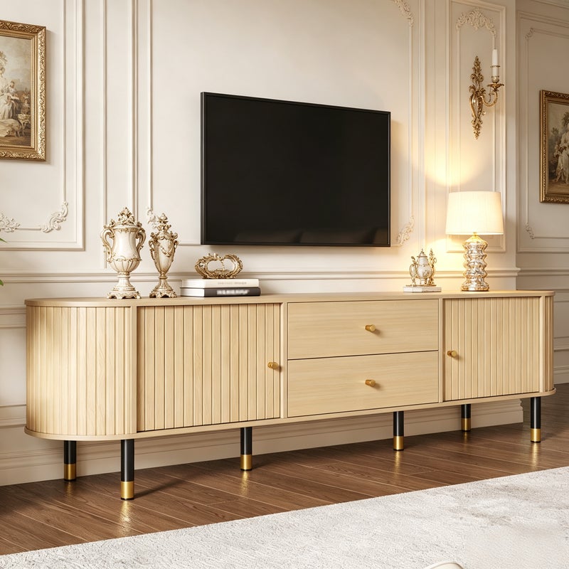 Stolik pod TV 180 cm z 2 szufladami i 2 drzwiami przesuwnymi - Płyta wiórowa, MDF i metal - 180 x 40 x 58 cm - Drewno naturalne