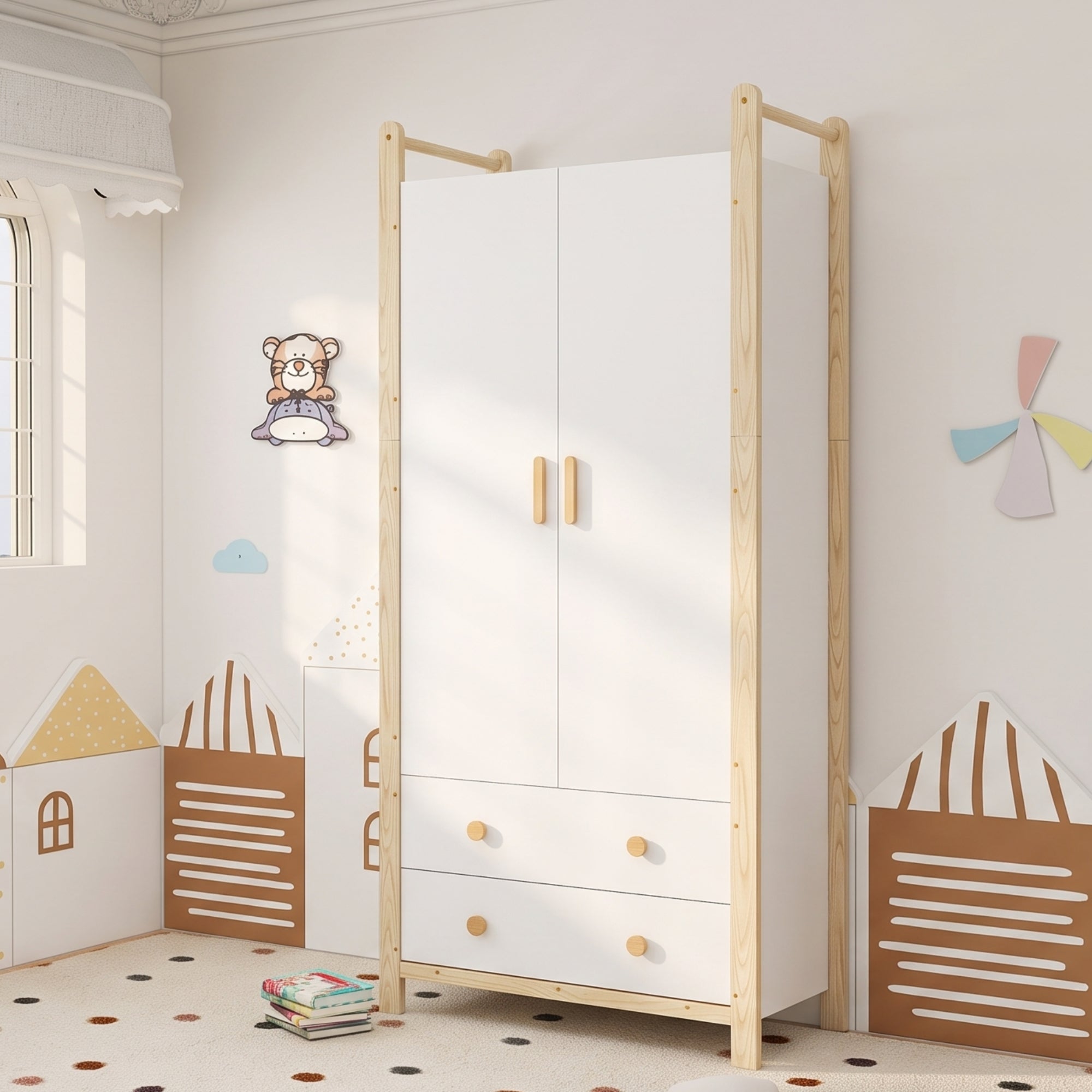 Szafa 2-drzwiowa z drążkiem na wieszaki, półką i 2 szufladami - Drewno lite i MDF - 90 x 45 x 180 cm - Kolor biały i naturalne drewno