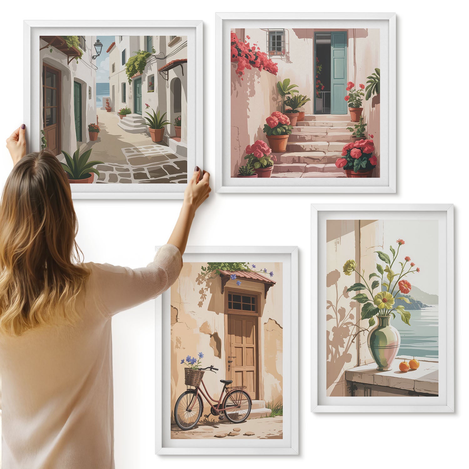 Galeria ścienna 4-częściowy komplet obrazów w białych ramach - Malowane uliczki z kwiatami i rowerem - ArtPrintCave