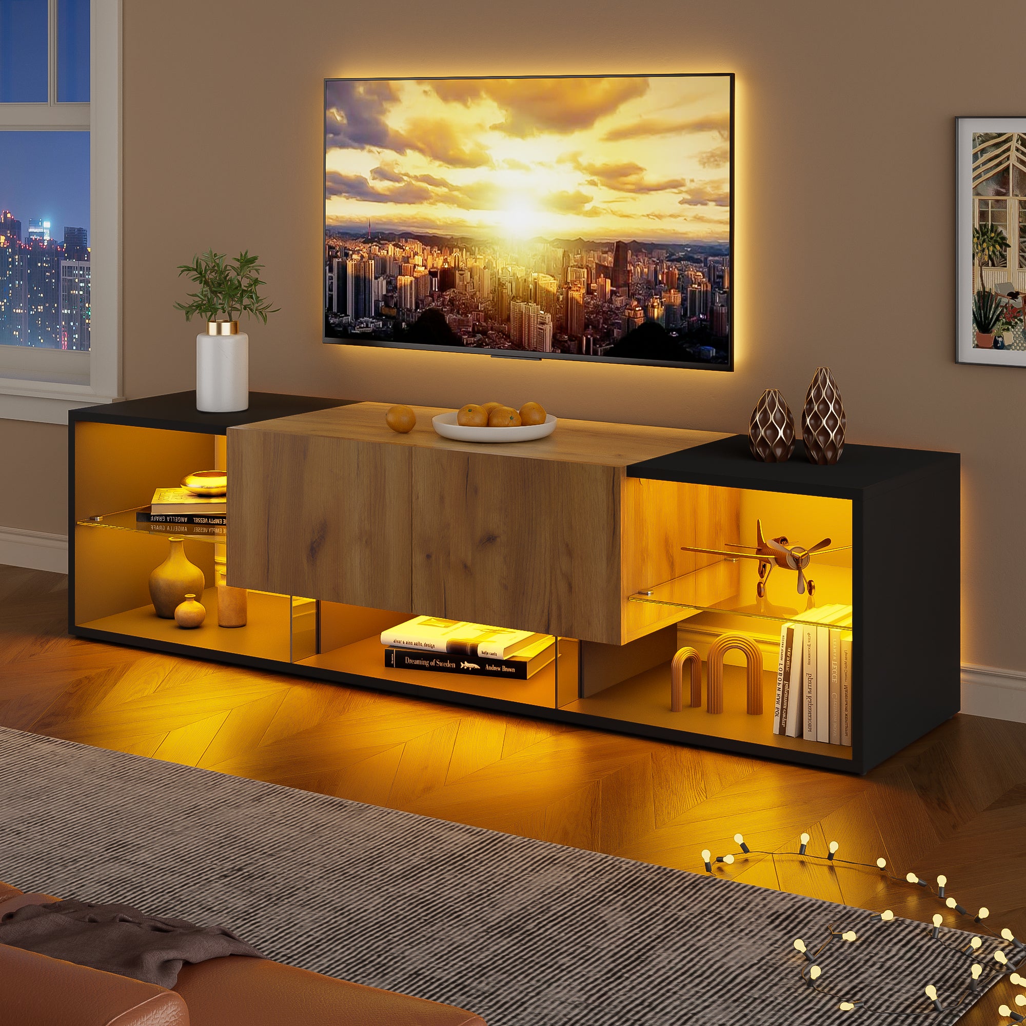 Meble pod TV 160x40x42 cm - z 2 szufladami - Szklane półki - z oświetleniem LED - Płyty wiórowe - Czarny