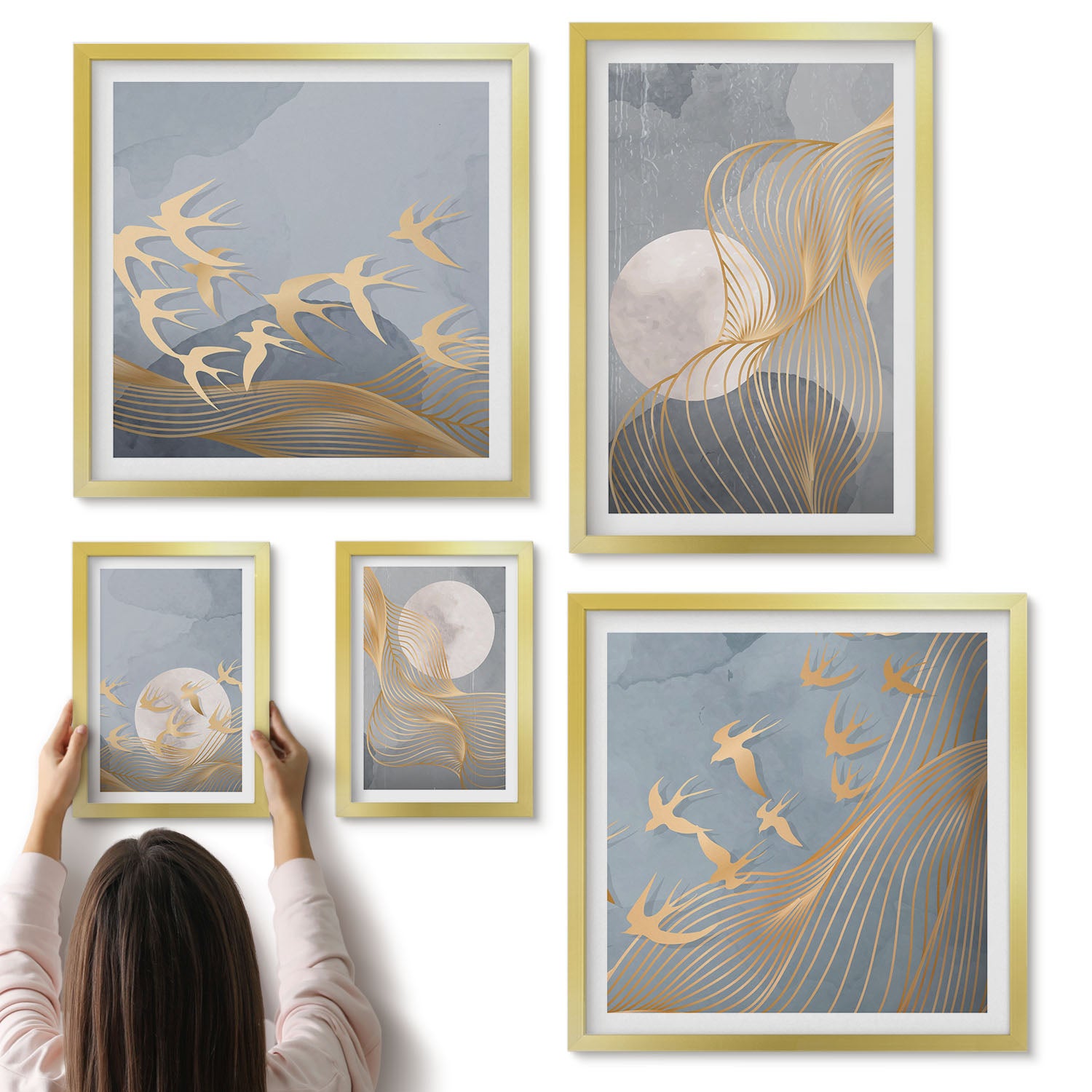 Galeria ścienna 5-częściowy komplet obrazów w złotych ramach - Abstrakcyjne kompozycje z falami i ptakami w ruchu - ArtPrintCave