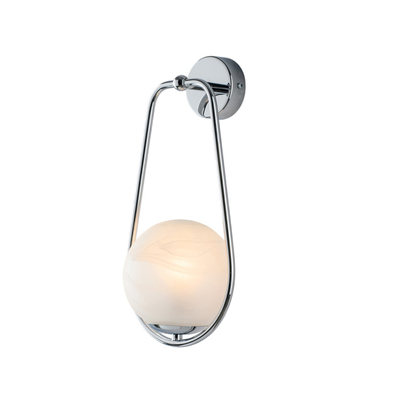 Applique in ferro cromato 1 luce con sfera dm.14 H.36 - L.16 - P.19