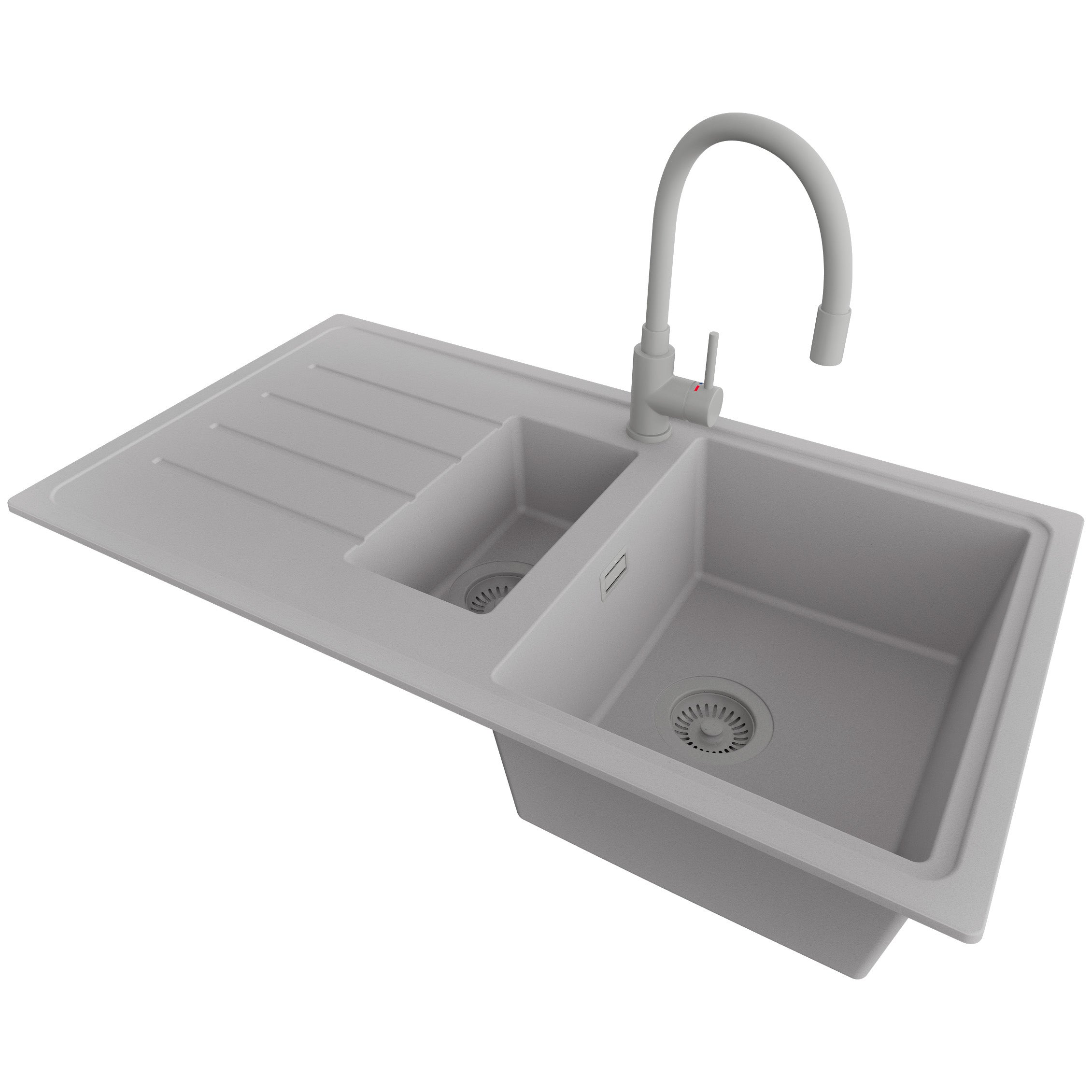 Zlewozmywak Granitowy Szary 90x50cm, Zlew Kuchenny 1,5 Komorowy + Bateria 38x14cm + Syfon, Nablatowy do szafki od 60cm - Kopenhaga Duo PRIMAGRAN