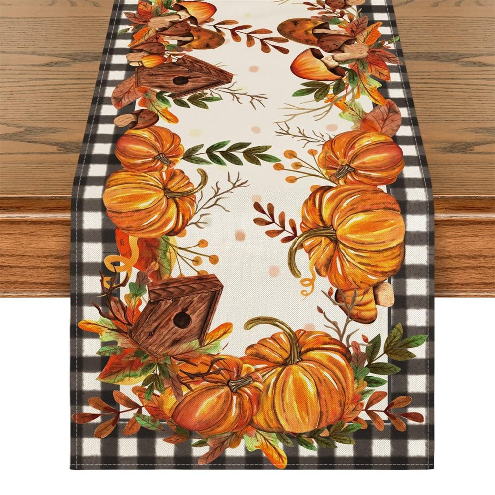 Jesienny bieżnik na stół, 40 x 140 cm, liście dyni, dekoracja stołu w stylu rustykalnym do kuchni, jadalni, na obiad, pomarańczowe dynie
