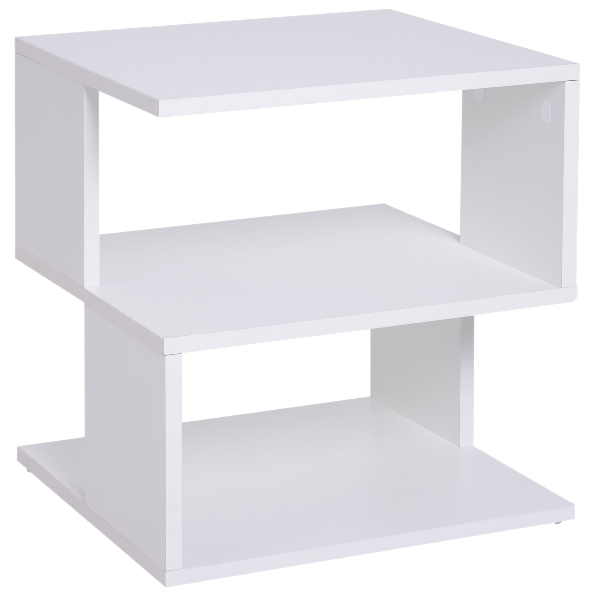 Stolik kawowy designerski, biały stolik do salonu, 2 otwarte półki, nowoczesny design, stolik do salonu i salonu, drewno, 40x40x43 cm, biały