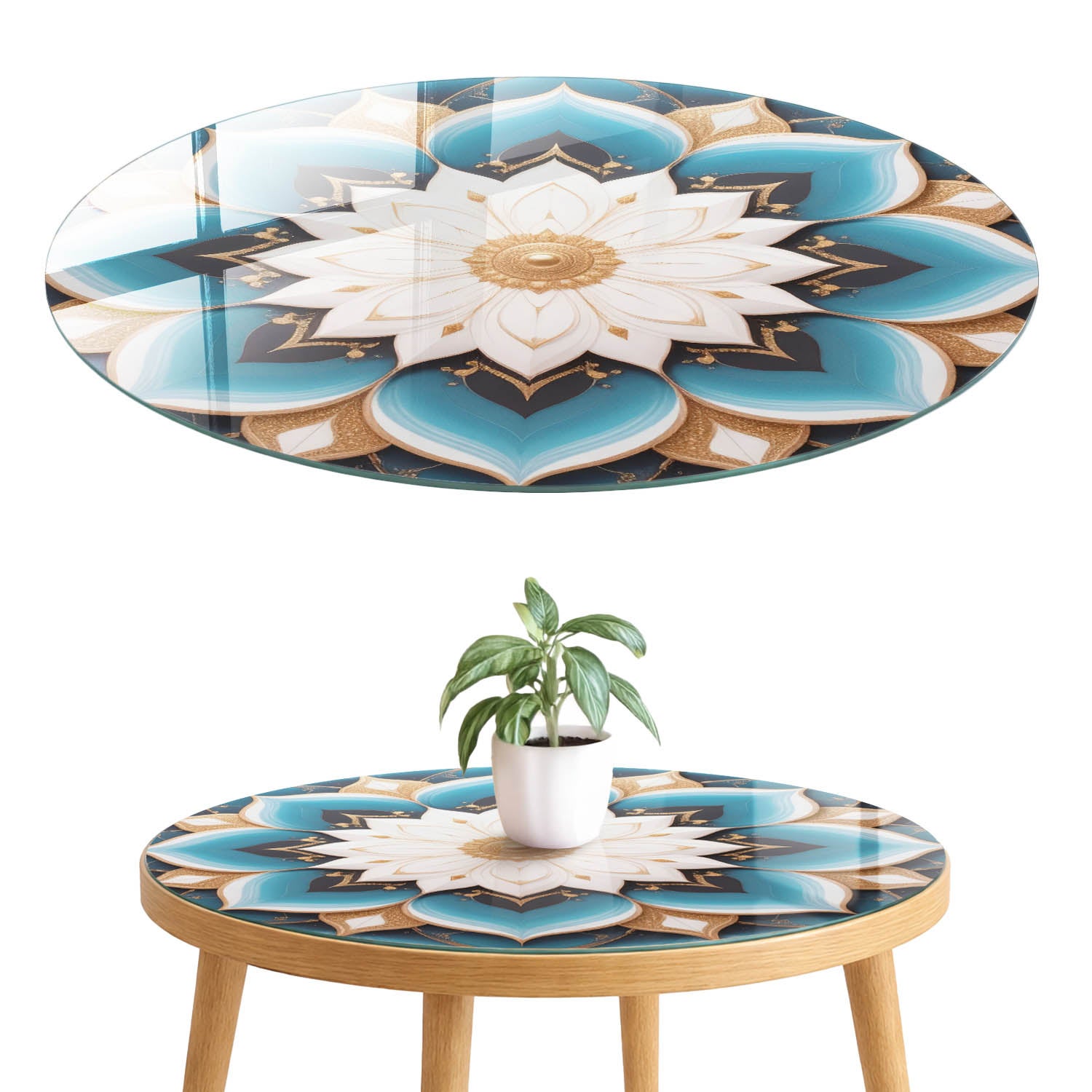 Nakładka szklana 4 mm z nadrukiem - odśwież stół, komodę lub szafkę fi90 cm Kwiatowa mandala