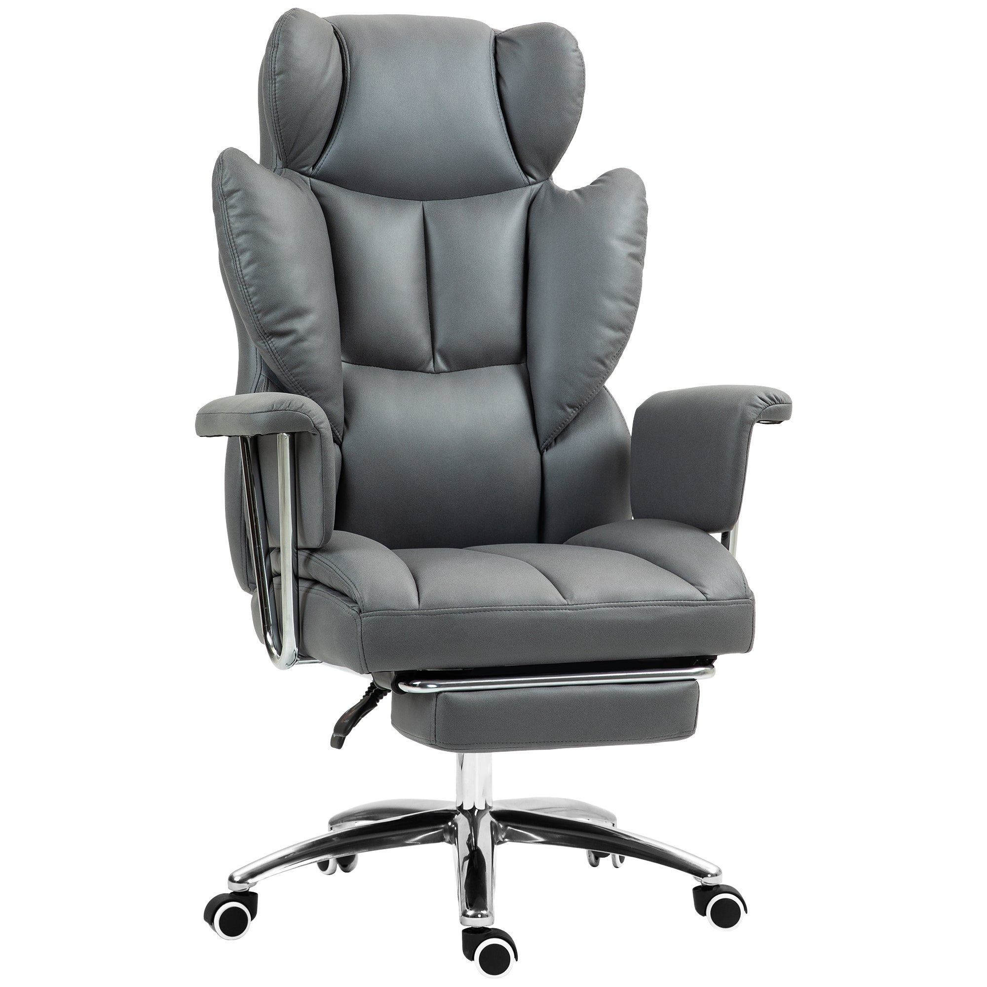 Ergonomiczny fotel biurowy, wyściełany, z podnóżkiem, regulowanym oparciem, obrotowy o 360°, ciemnoszary