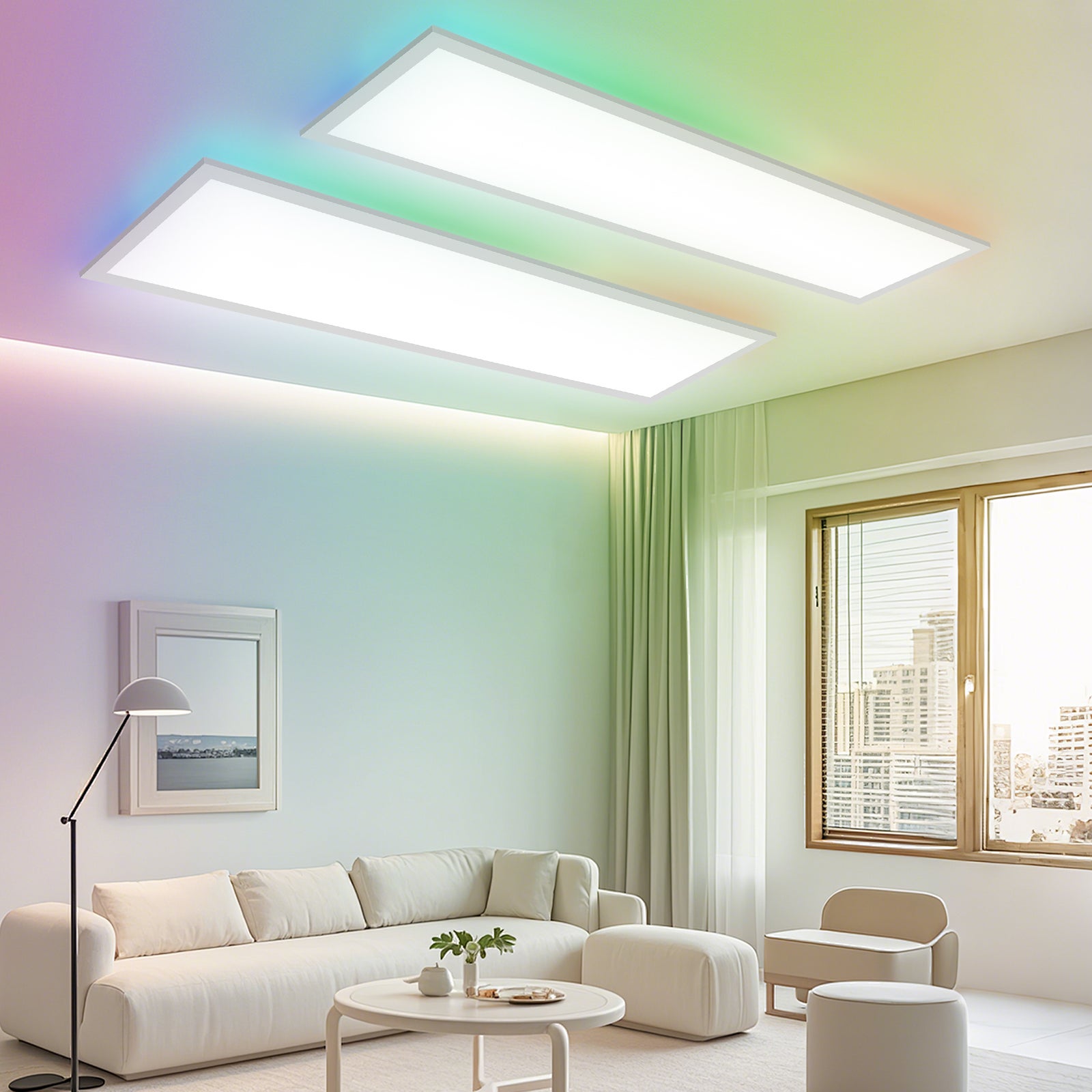 LOVHAUS 2 SZT Sufitowy Panel LED Ściemnialny 120x30cm z Podświetleniem RGB, 36W 3960LM, Panel LED z Pilotem, Pamięć, 3000K-6500K, Biały