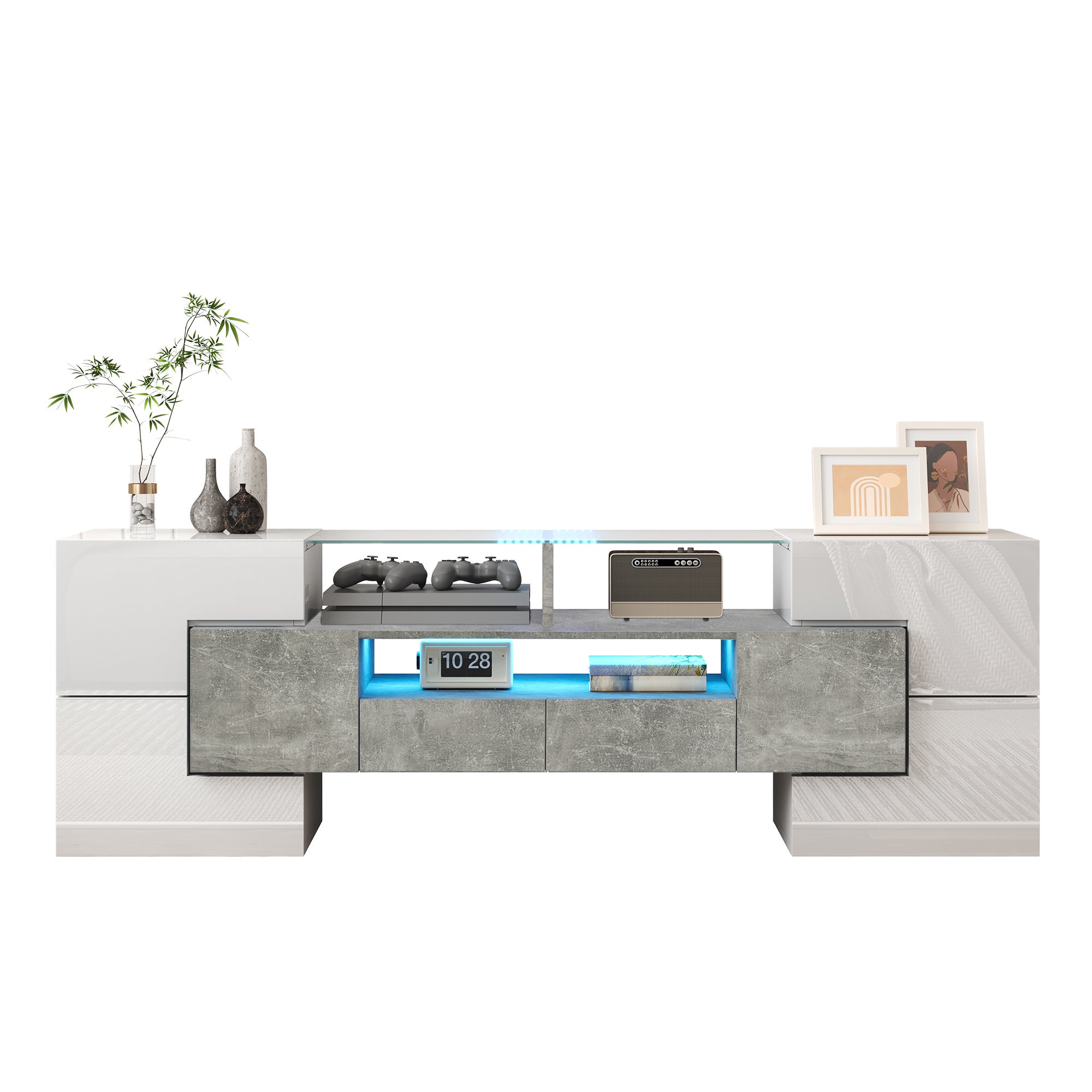 Stylowa szafka RTV, niska szafka. biały połysk, 145 cm, oświetlenie LED, meble do salonu. nowoczesny design. elegancka szklana powierzchnia