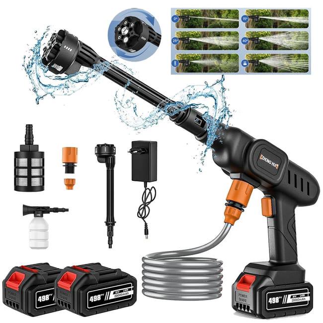Myjka wysokociśnieniowa 6 w 1 bezprzewodowa – 60 barów, 10 l/min, 2 akumulatory 10000 mAh, do samochodu/ogrodu (30 000 obr./min)