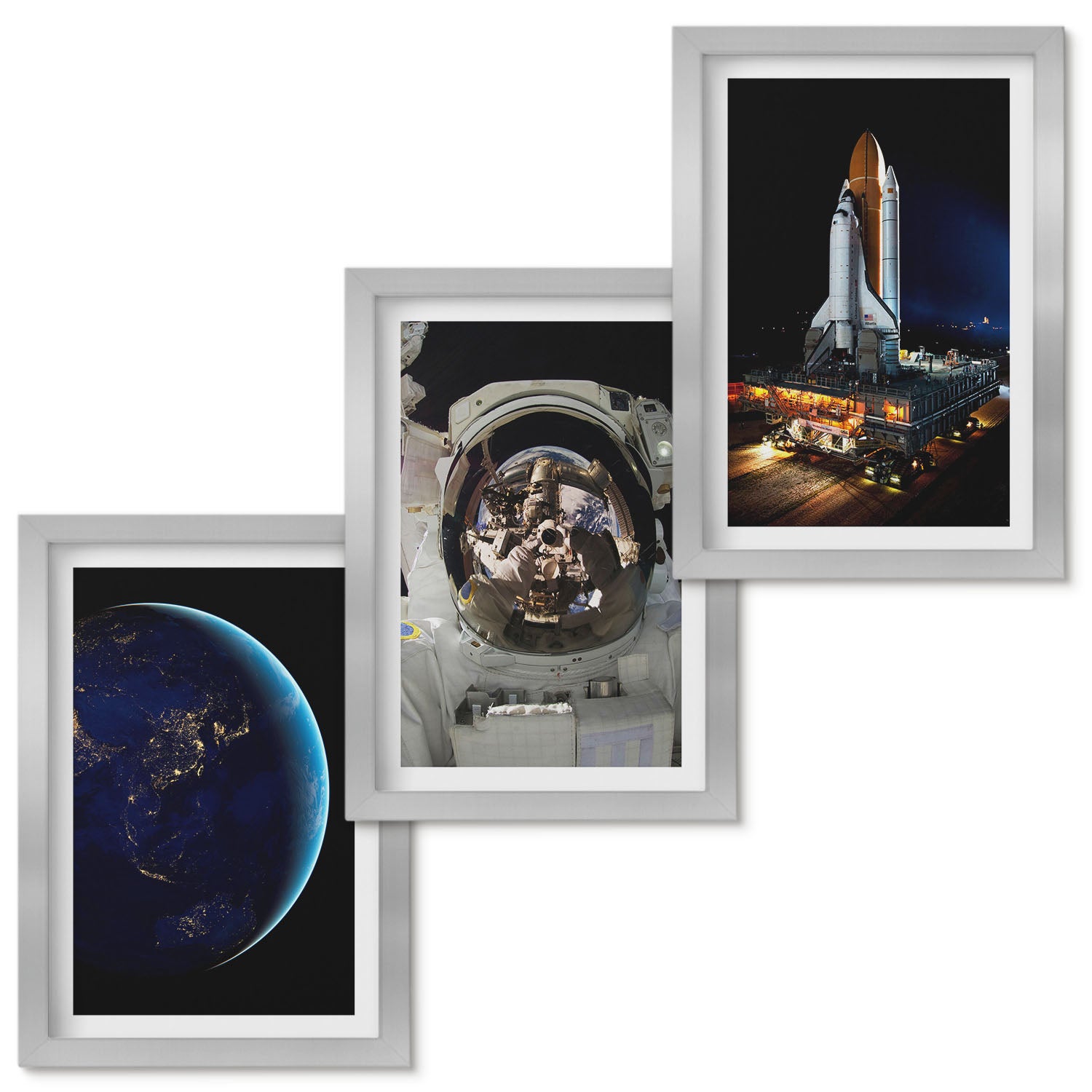 Zestaw obrazów w ramie - 3 części | Widoki kosmosu z Ziemią astronautą i rakietą | Srebrna ramka