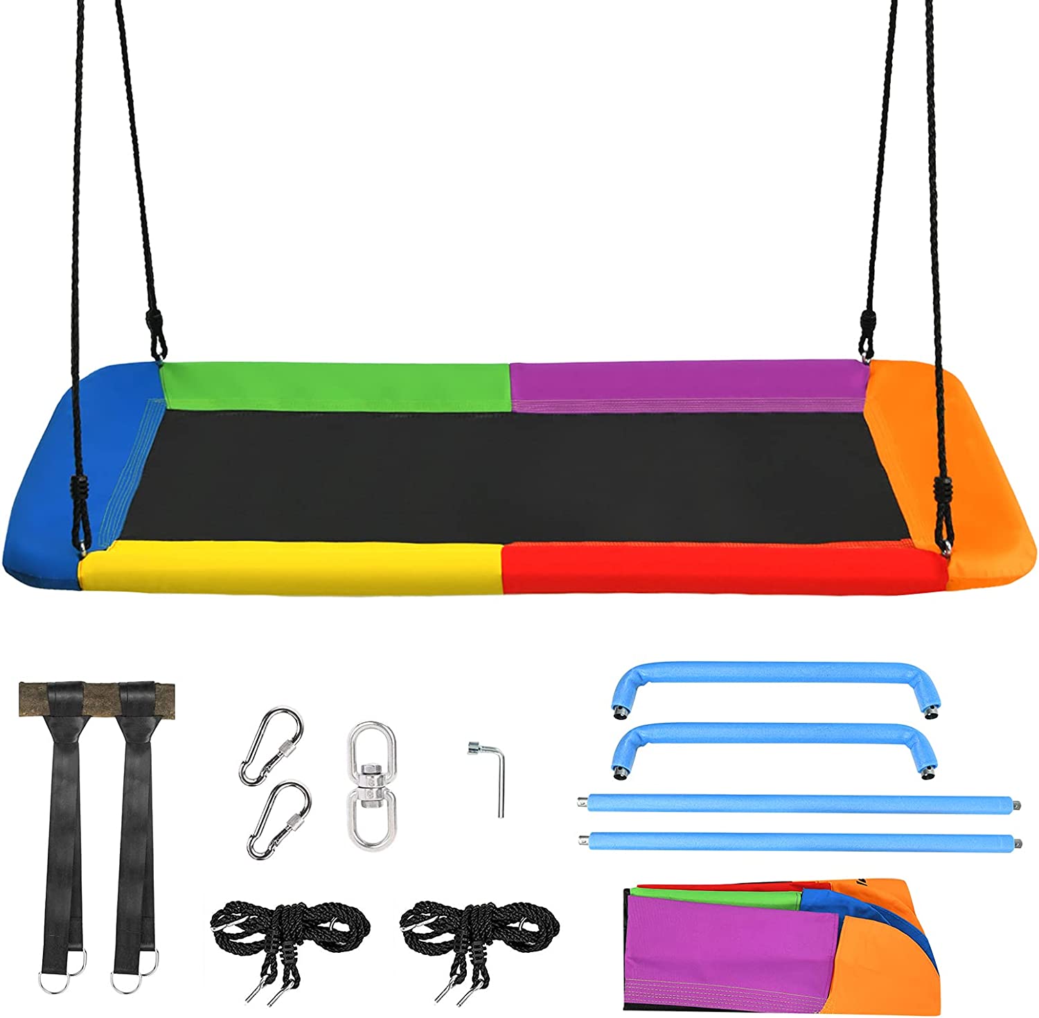 Huśtawka gniazdowa kwadratowa, obciążenie do 150 kg, 150 x 80 cm, huśtawka ogrodowa z regulowaną liną 100-180 cm, dla dzieci i dorosłych (kolorowa)