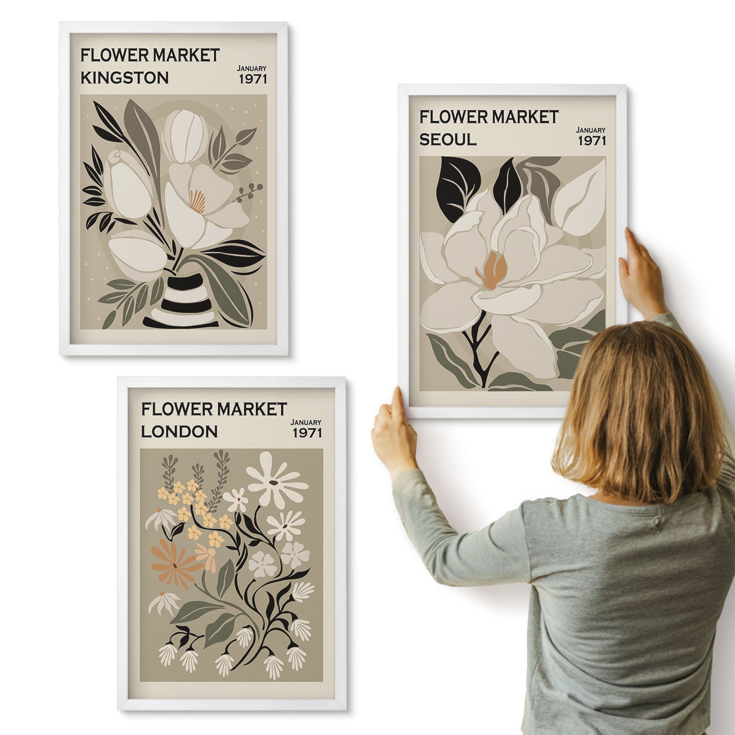 Galeria ścienna 3-częściowy komplet obrazów w białych ramach - Kwiaty w stylu retro z różnych miast świata - ArtPrintCave