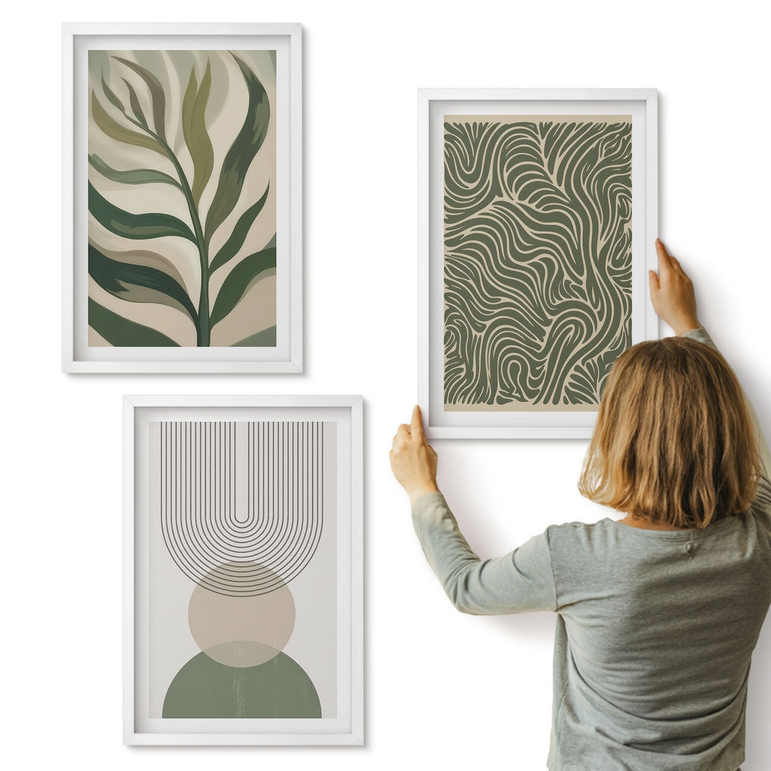 Galeria ścienna 3-częściowy komplet obrazów w białych ramach - Liście i geometryczne kształty abstrakcja - ArtPrintCave