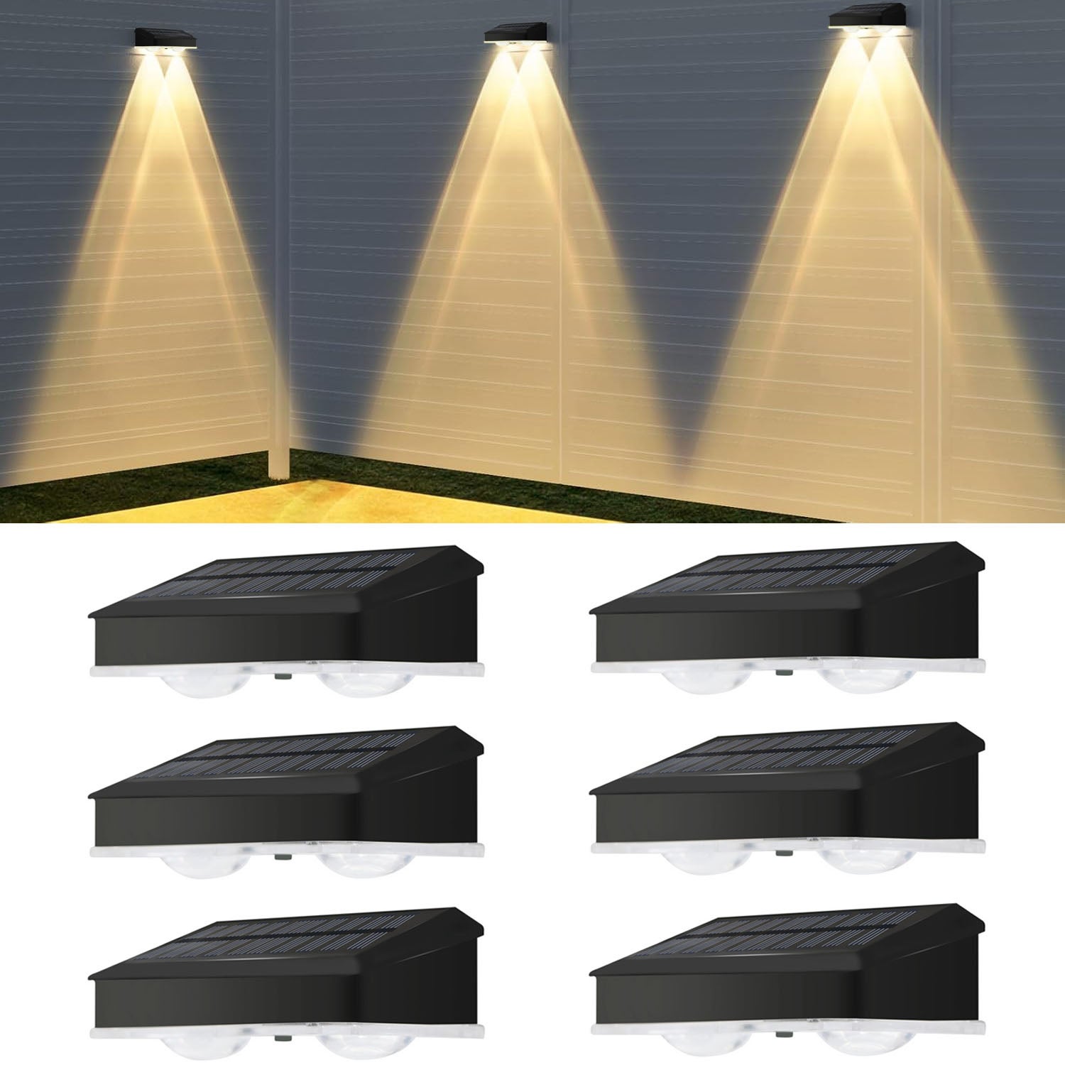 Zestaw 6 zewnętrznych lamp solarnych do ogrodzenia, wodoszczelne, kinkiet, ciepłe światło, oświetlenie tarasu, oświetlenie ogrodowe