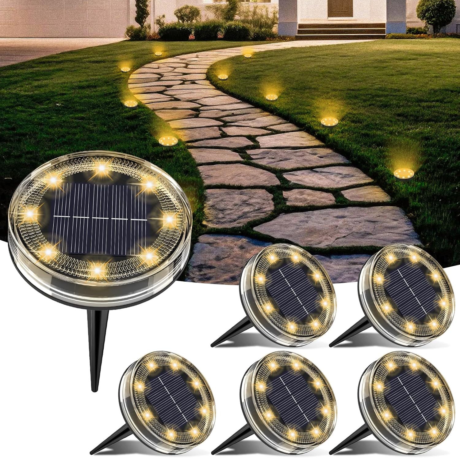 Zestaw 6 lamp solarnych do gruntu, 8 zewnętrznych lamp solarnych LED do ogrodu, wodoszczelność IP68, zewnętrzne reflektory solarne do ścieżek, t