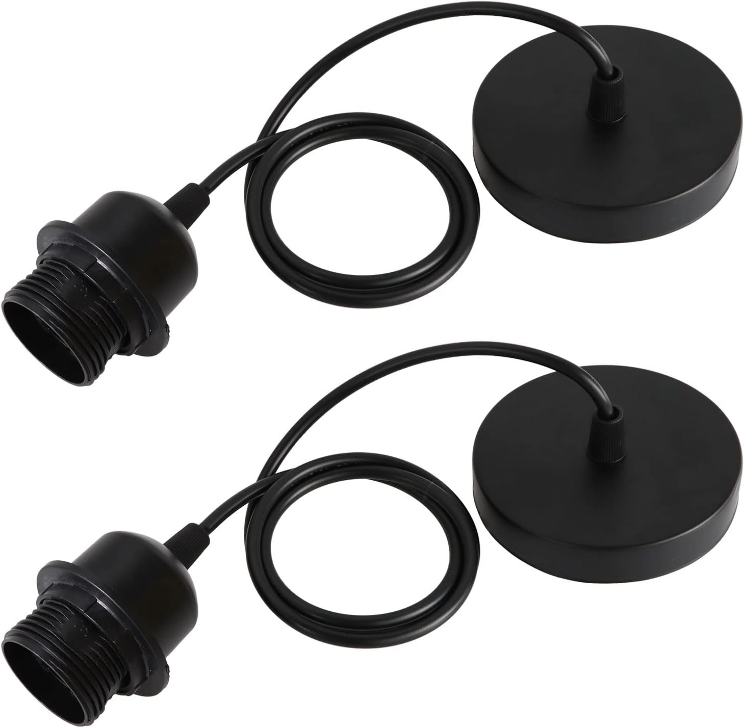 Zestaw 2 zawieszeń E27 z pierścieniem do wkręcania, regulowany kabel 100 cm, zawieszenie E27, kompatybilne z kloszem,(Czarny)