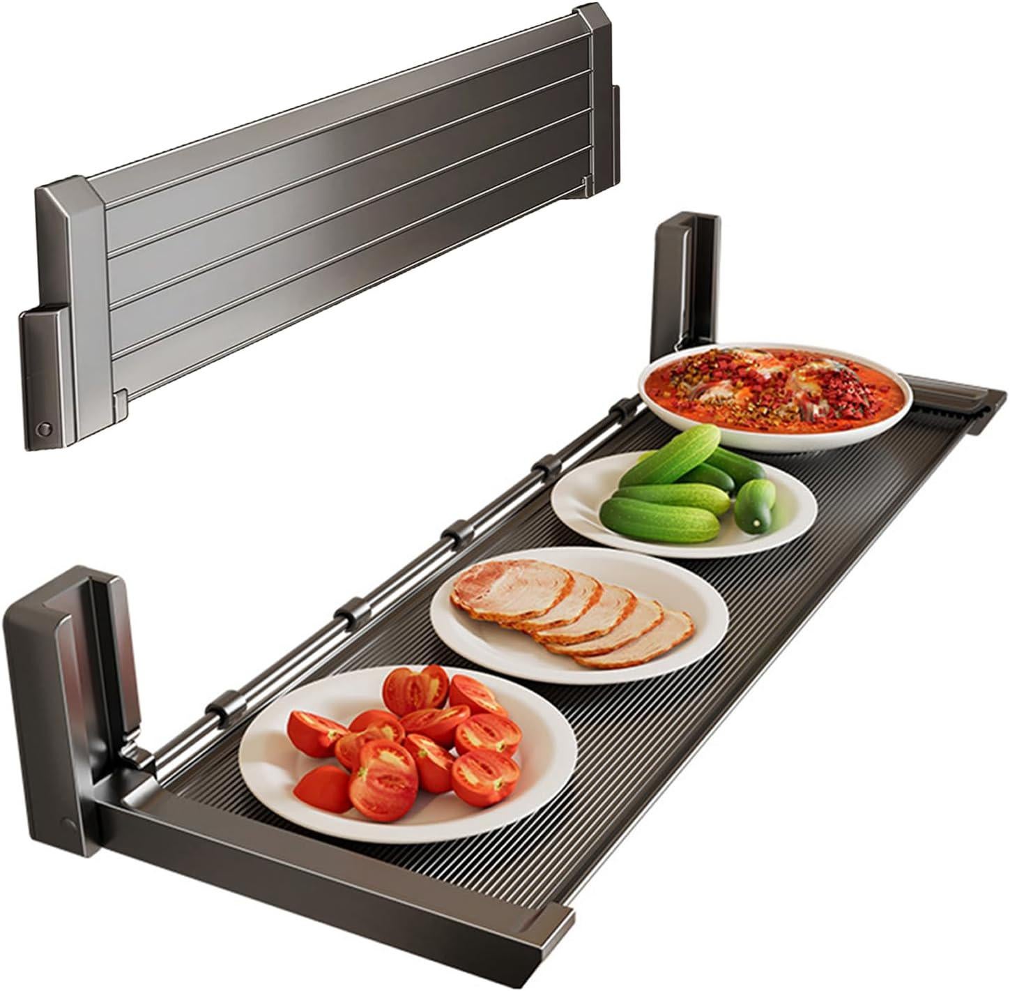 Półka + 5 haczyków, 39 cm, składana aluminiowa półka kuchenna - nie wymaga wiercenia - łatwa do czyszczenia - do restauracji