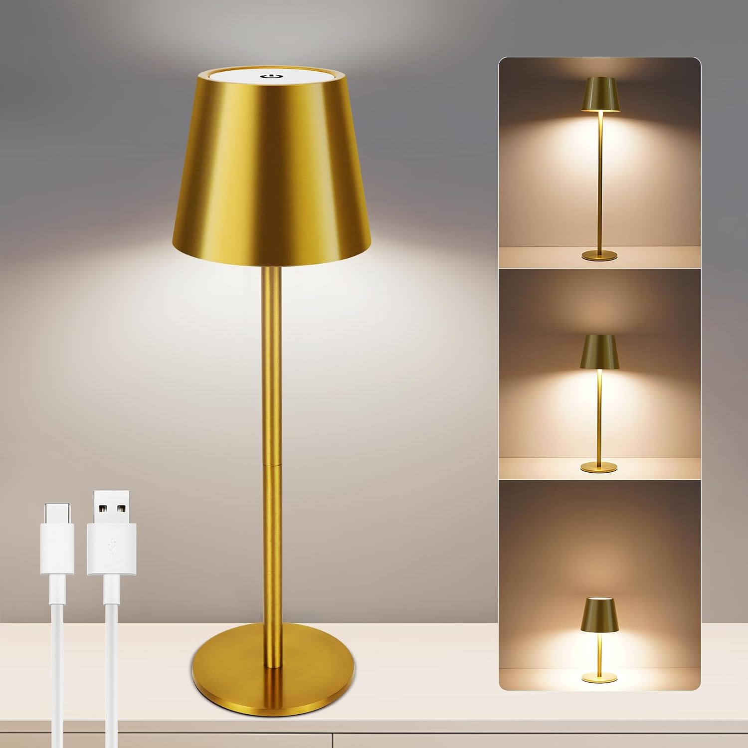 Bezprzewodowa lampa stołowa 1200mAh z regulacją jasności (złota), akumulator, dotykowa lampa LED z 3 kolorami ściemnianymi, z USB-C, do wnętrz