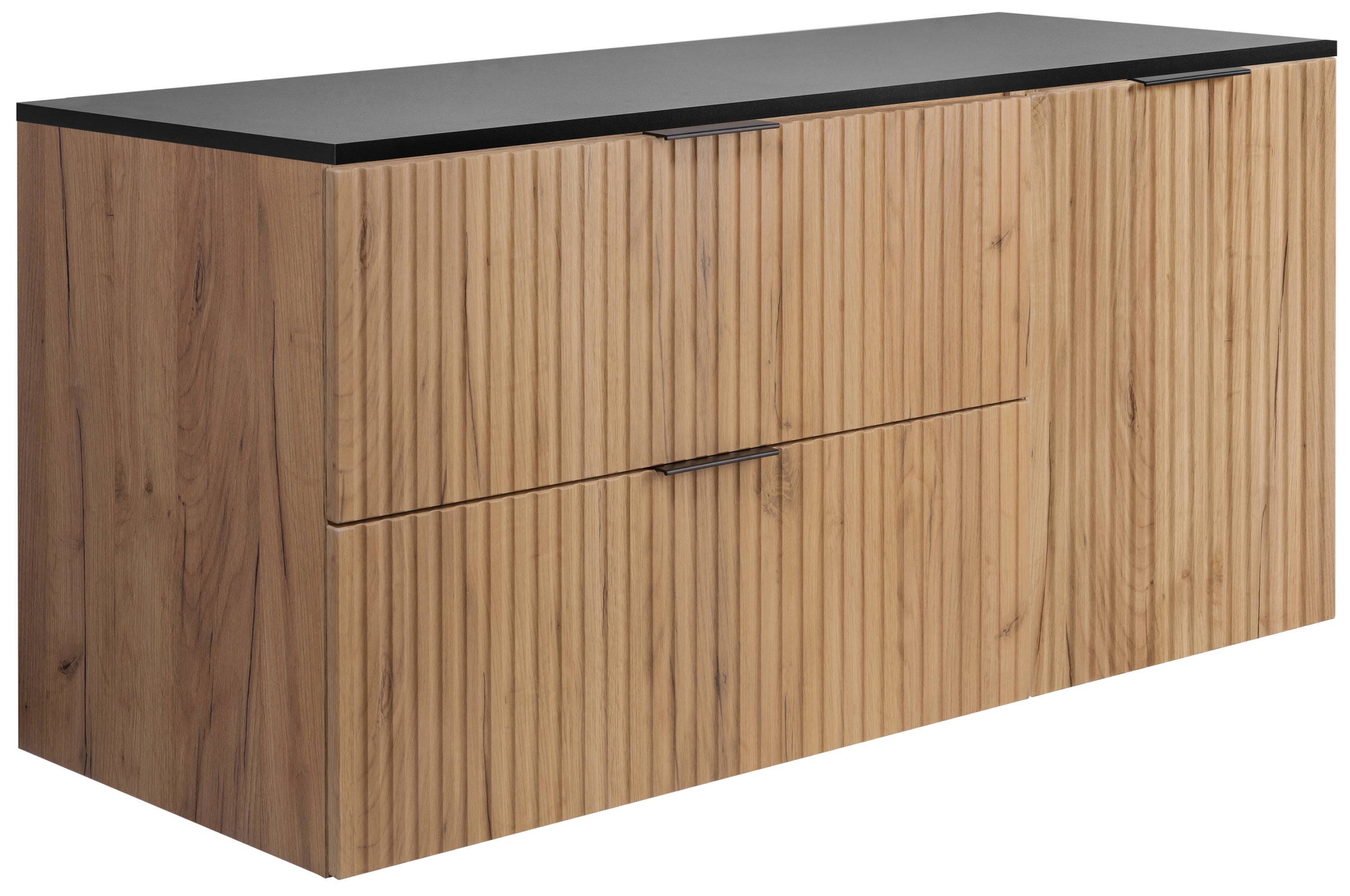 Zestaw łazienkowy: szafka z szufladami i szafka z drzwiami, 57×46×120 cm, kolor: dąb Craft / czarny, uchwyt czarny