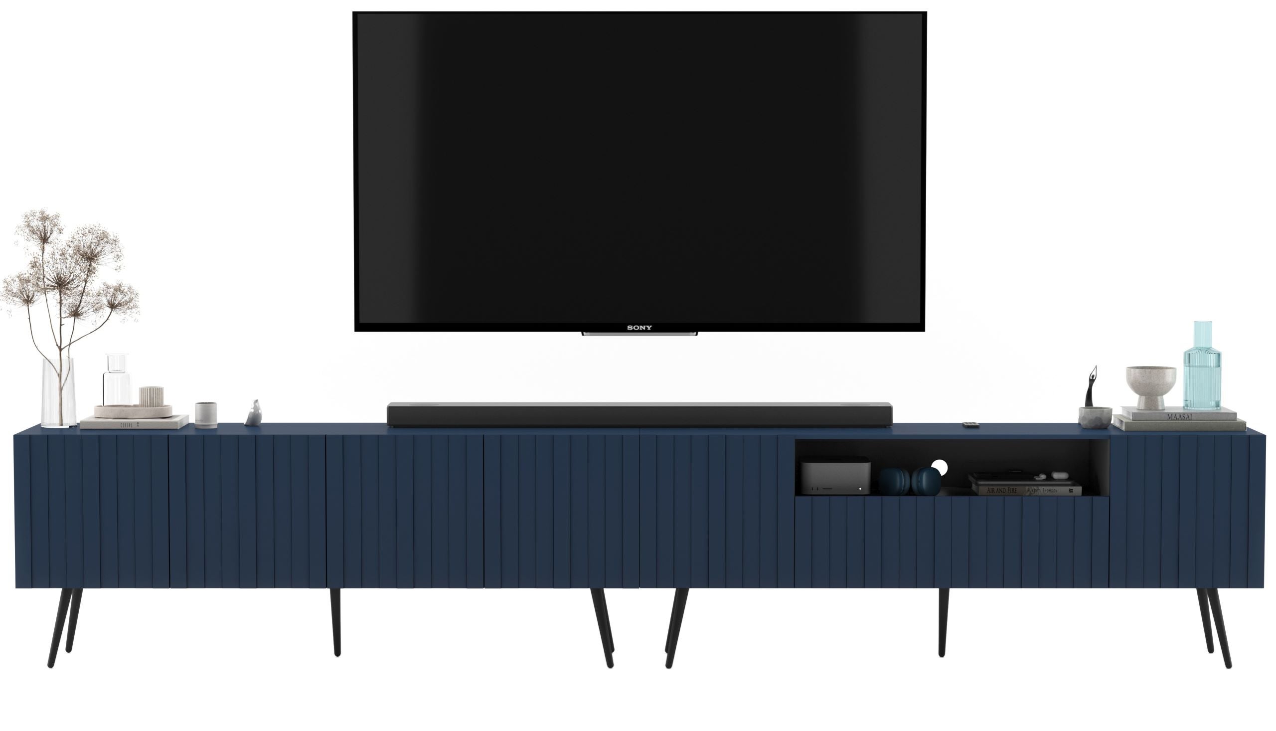 Szafka RTV Glamour 300 cm granatowy mat, ryflowane fronty, nowoczesna komoda RTV do salonu
