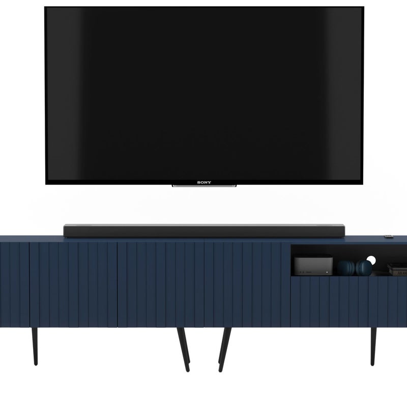 Szafka RTV Glamour 300 cm granatowy mat, ryflowane fronty, nowoczesna komoda RTV do salonu