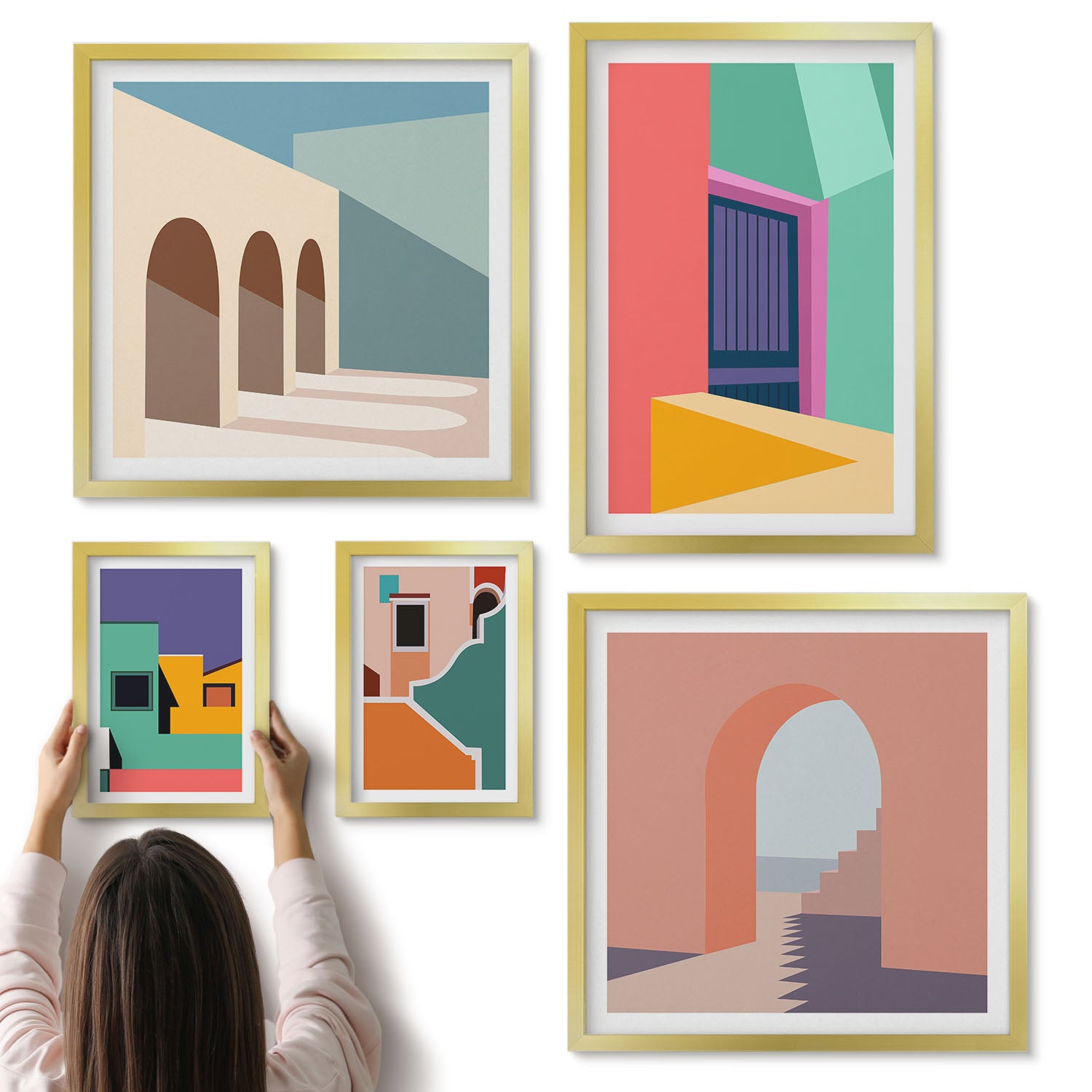 Galeria ścienna 5-częściowy komplet obrazów w złotych ramach - Kolorowe ilustracje miasta w stylu nowoczesnym - ArtPrintCave