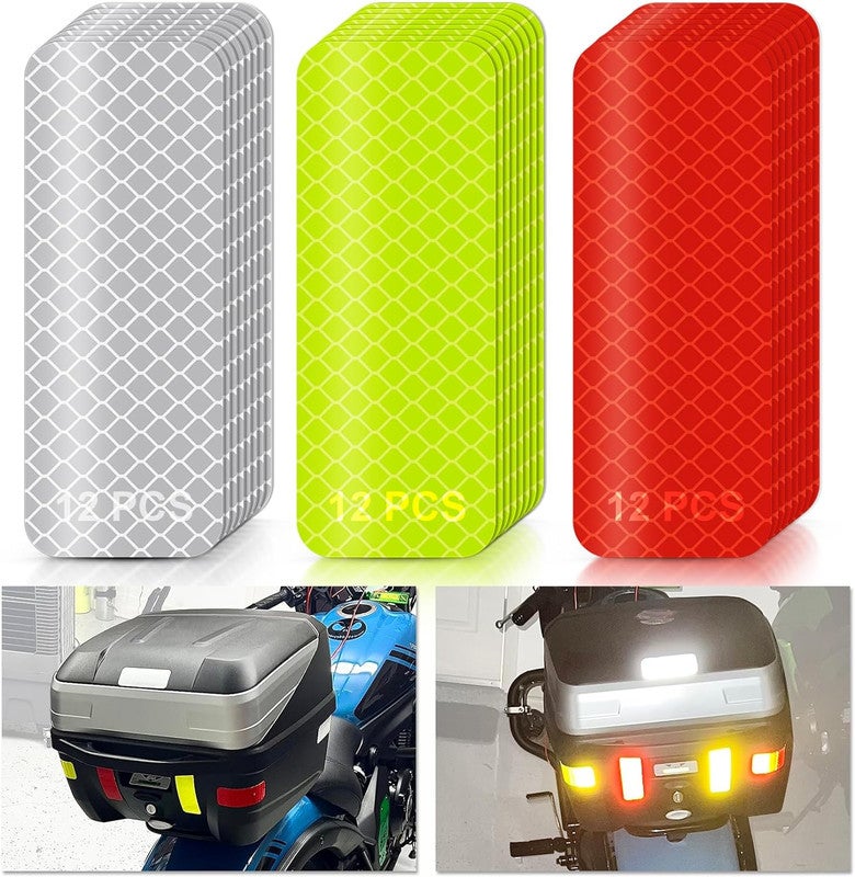 36 samoprzylepnych pasków odblaskowych srebrno-żółto-czerwonych - fluorescencyjny klej o wysokiej widoczności - do motocykli, rowerów, kasków