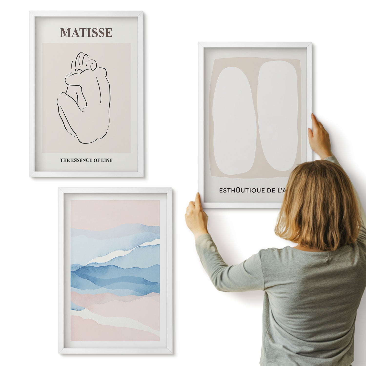 Galeria ścienna 3-częściowy komplet obrazów w białych ramach - Abstrakcyjne formy i delikatne kolory Matisse - ArtPrintCave