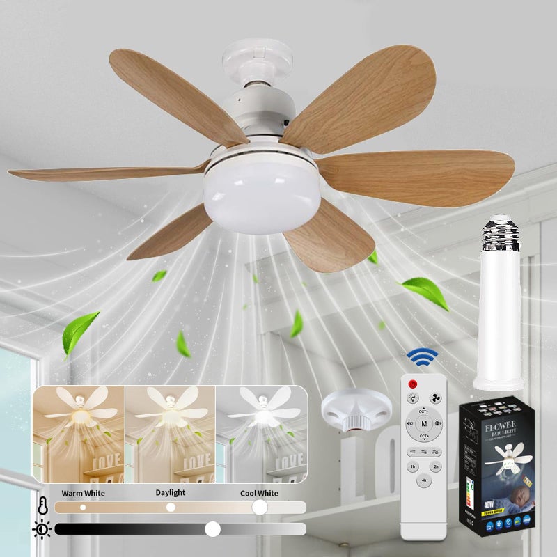 Wentylator sufitowy 52 cm z przedłużką i gniazdem E27, wentylator sufitowy LED, trzy temperatury barwowe, 6 łopatek, 3 prędkości, timer, brązowy