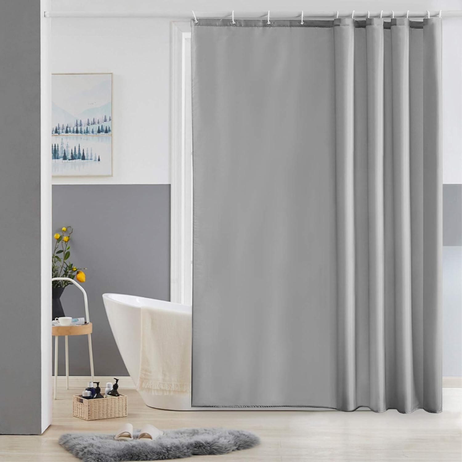 Wodoodporna zasłona prysznicowa, wykonana z pranej tkaniny poliestrowej odpornej na pleśń, z 9 haczykami, 120x200 cm, szara