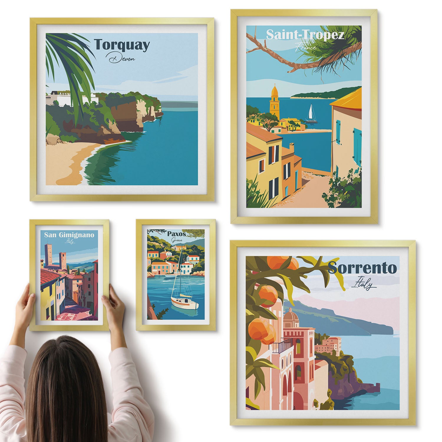 Galeria ścienna 5-częściowy komplet obrazów w złotych ramach - Krajobrazy nadmorskich miasteczek europejskich - ArtPrintCave